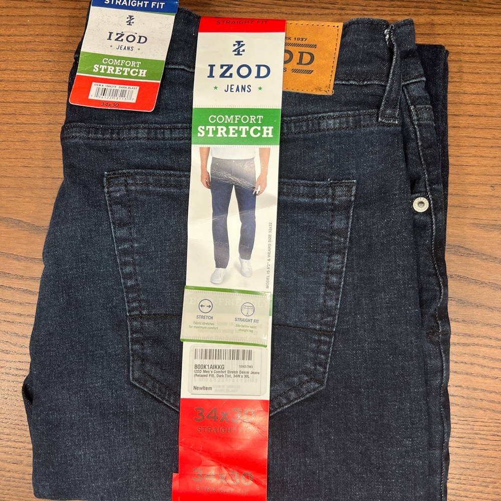 IZOD Men's Comfort Stretch Straight Fit Denim Jeans, Dark Blue (Size 34W x 30L)